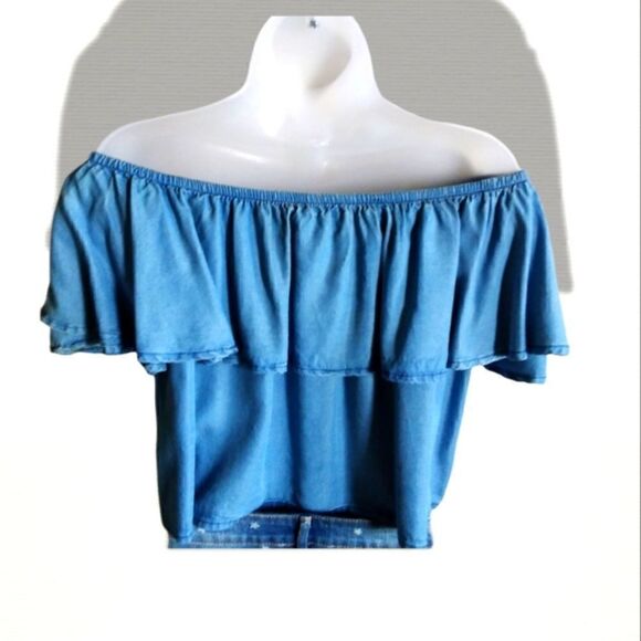CROP TOP by Forever 21 Chambray Off The Shoulder Size LARGE - Picture 2 of 2